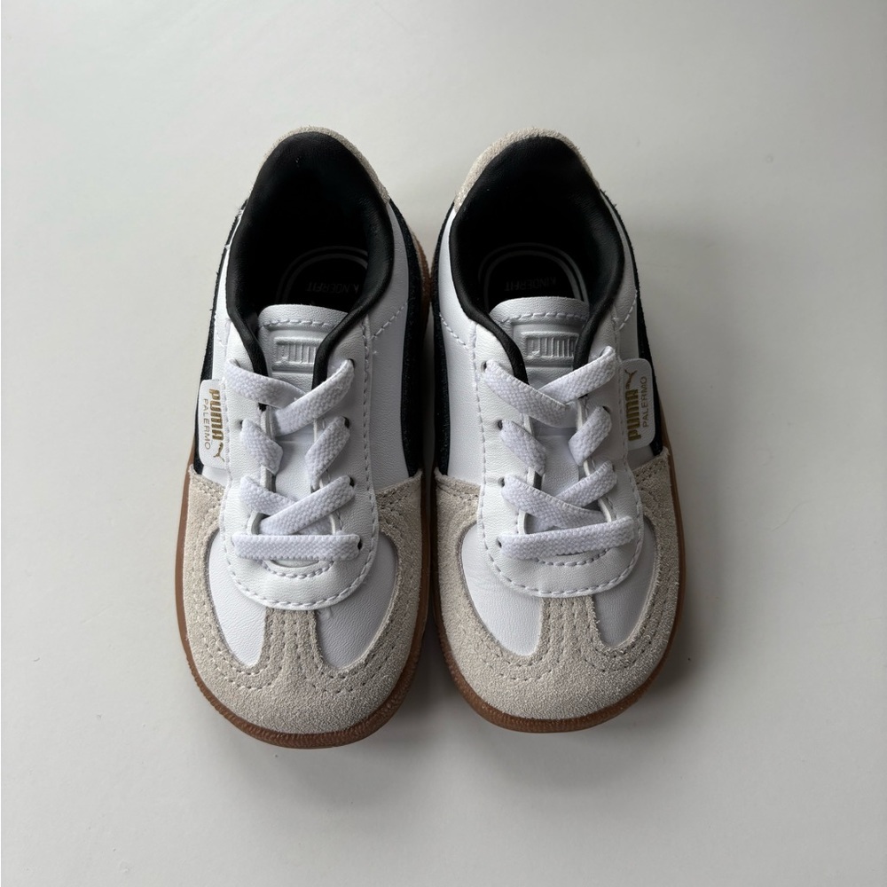 Puma Kids White and Black Sneakers with Tan Accents